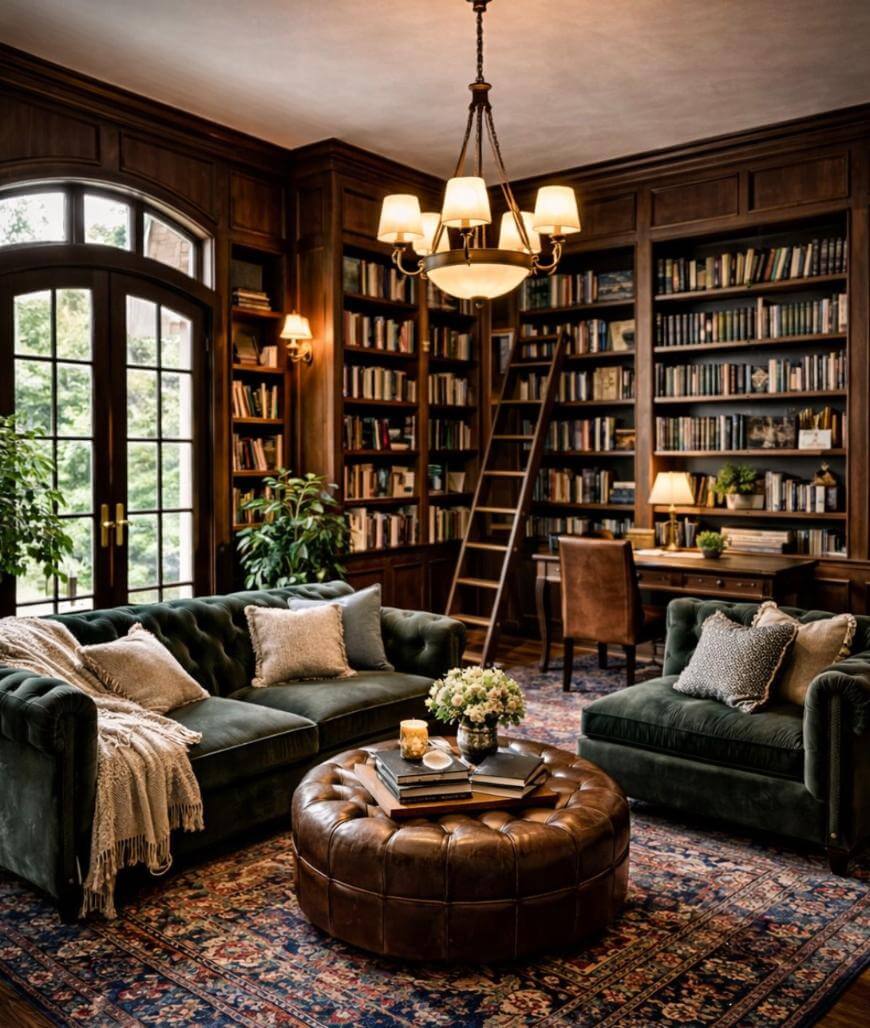 A cozy library with dark wood bookshelves, a rolling ladder, green velvet sofas, a round leather ottoman, and a large window. There are books, plants, and soft lighting creating a warm, inviting atmosphere.