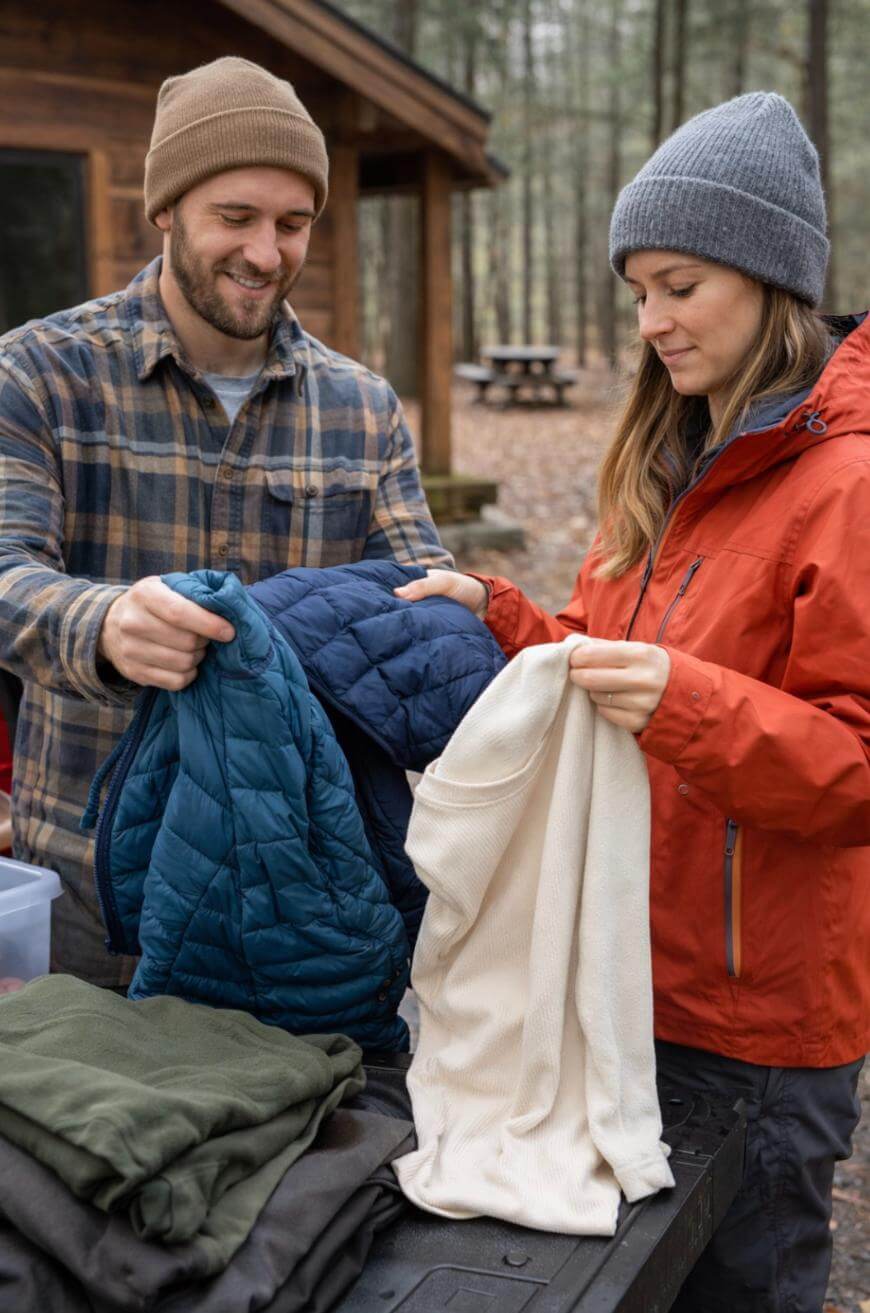 A man and woman sorting and folding warm clothing outdoors, both wearing beanies and jackets, standing by a table with folded clothes, with a wooden cabin and trees in the background.