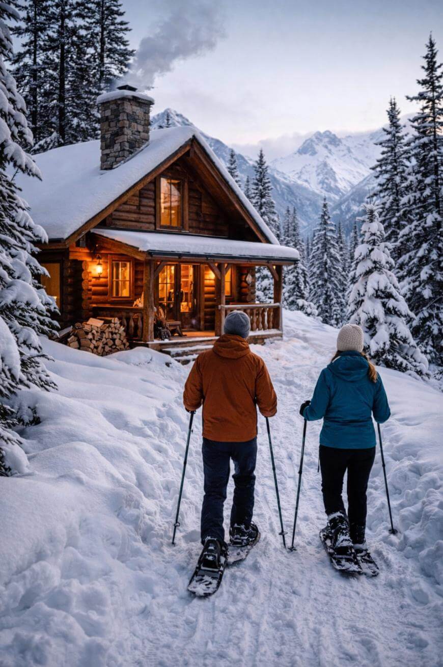 Two people wearing winter clothes and snowshoes walk toward a warmly lit log cabin surrounded by snow-covered trees and mountains at dusk. Smoke rises from the chimney, creating a cozy, inviting atmosphere.