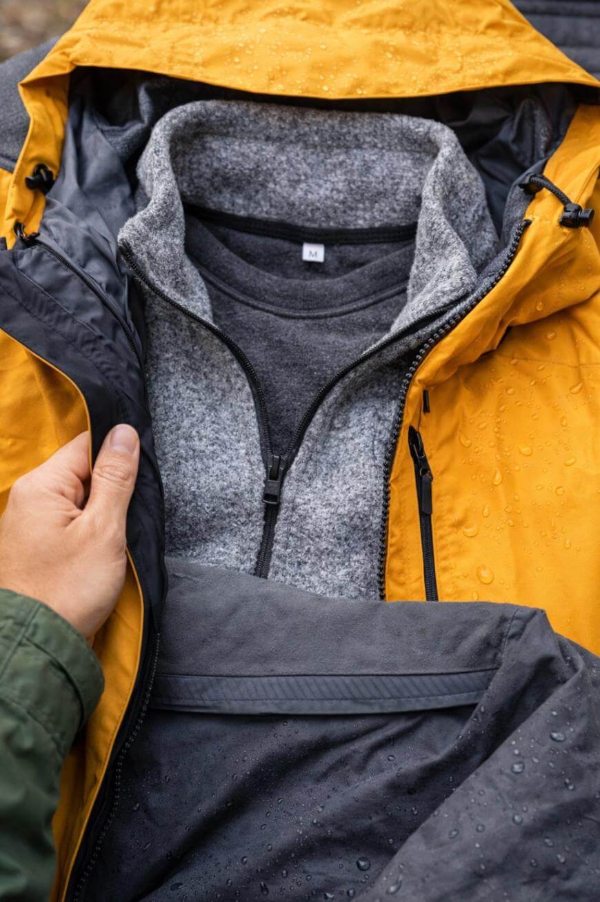 A hand holds open a yellow rain jacket with visible water droplets, revealing a gray zip-up sweater layered underneath. The outfit suggests protection against cold and wet weather.