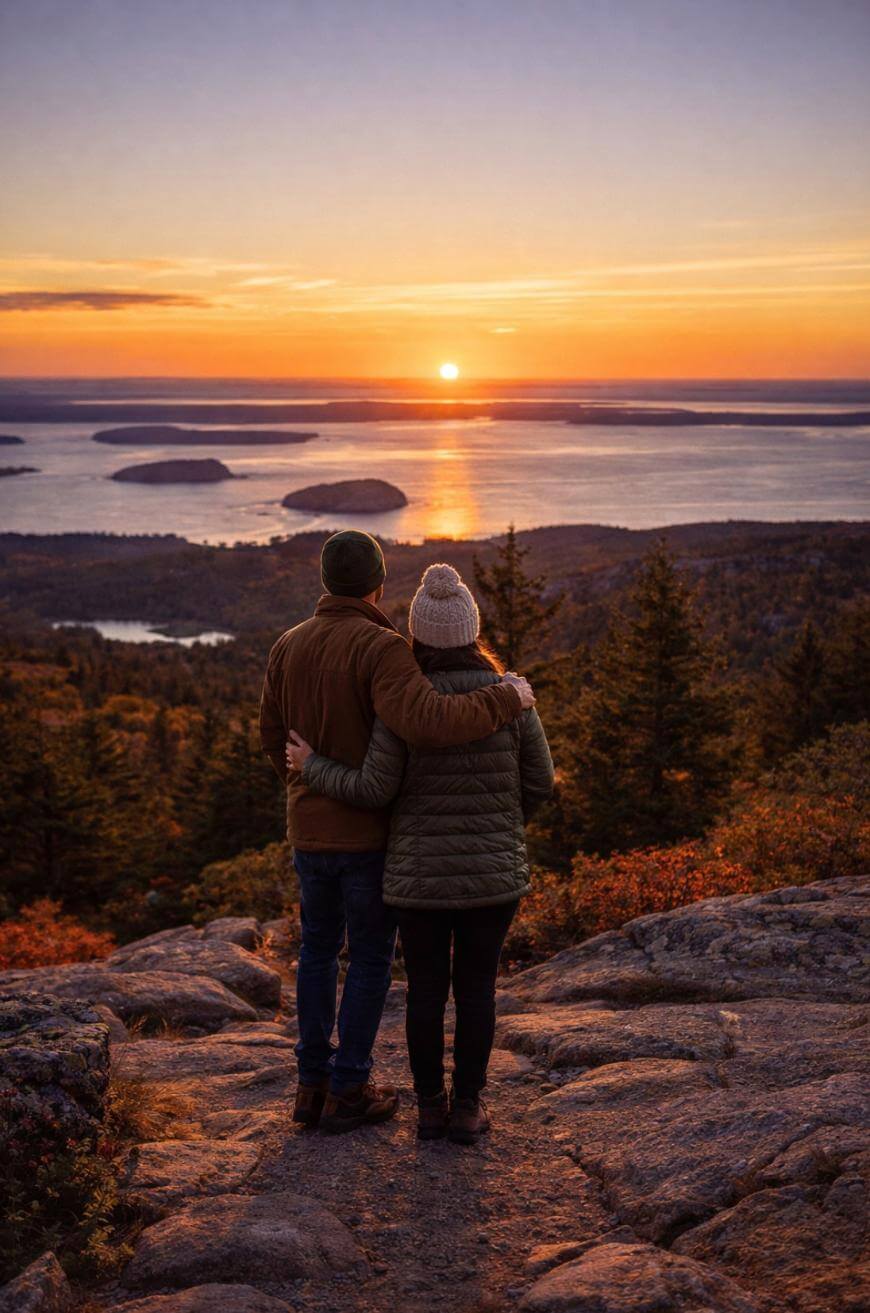 A couple stands on a rocky hilltop, arm in arm, looking at a scenic sunset over islands, forests, and water below. The sky glows orange and yellow as the sun nears the horizon. Both wear jackets and knit hats.