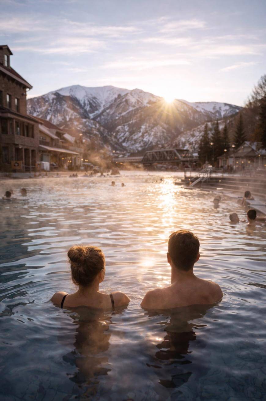 A woman and man relax in a steaming outdoor pool, surrounded by people, with snow-capped mountains and the setting sun in the background. The scene captures a peaceful, scenic winter landscape.