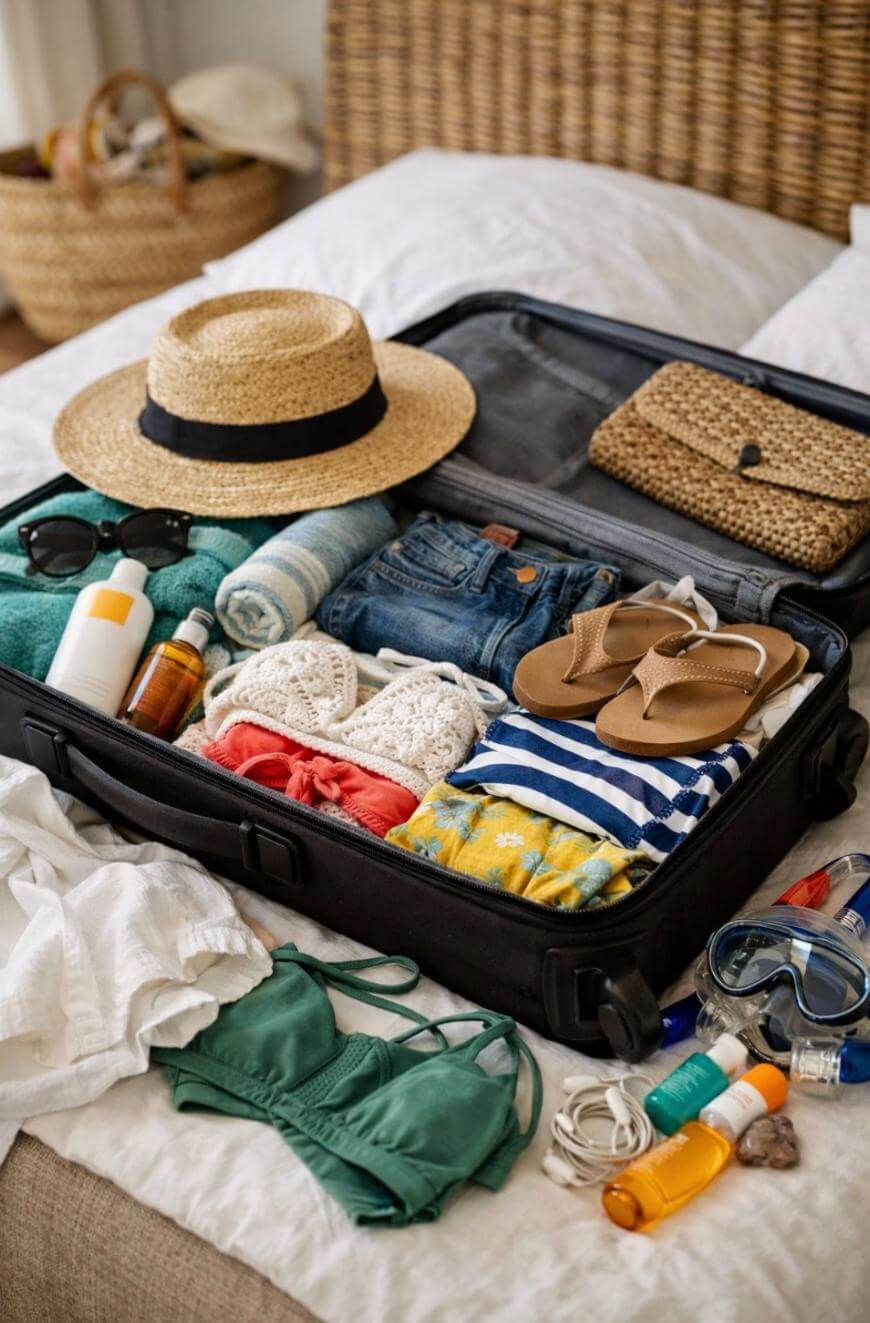 An open suitcase on a bed, neatly packed with summer clothes, sandals, a hat, sunglasses, swimwear, sunscreen, a woven clutch, snorkel mask, and travel-sized toiletries. A bed and baskets are in the background.
