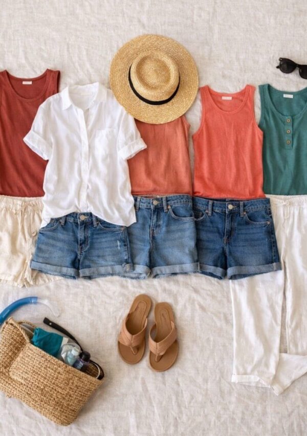 A flat lay of summer clothing and accessories: three sleeveless tops, a white shirt, two pairs of denim shorts, white pants, a straw hat, black sunglasses, tan sandals, a straw bag, and swim gear, all on a light fabric background.