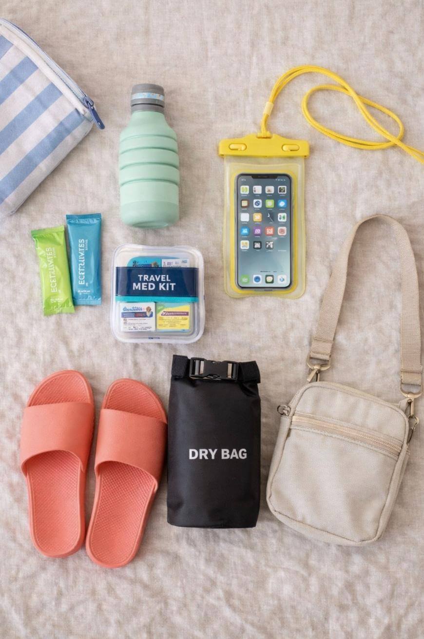 Flat lay of travel essentials on a beige surface: striped pouch, collapsible water bottle, phone in yellow waterproof case, wet wipes, travel med kit, black dry bag, beige crossbody bag, and coral slide sandals.