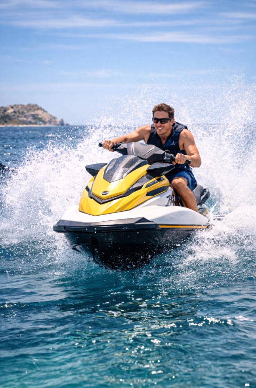 A man wearing sunglasses and a life vest rides a yellow and white jet ski at high speed, creating a large splash on the blue ocean under a clear sky. An island is visible in the background.