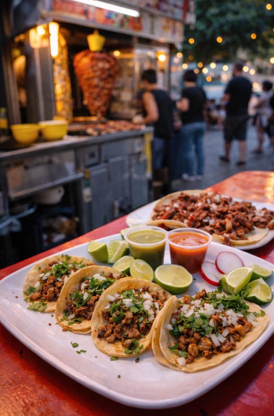 A plate of tacos topped with chopped meat, onions, and cilantro sits on a red table with lime wedges and salsa. In the background, people stand near a taco stand with a vertical spit of meat.