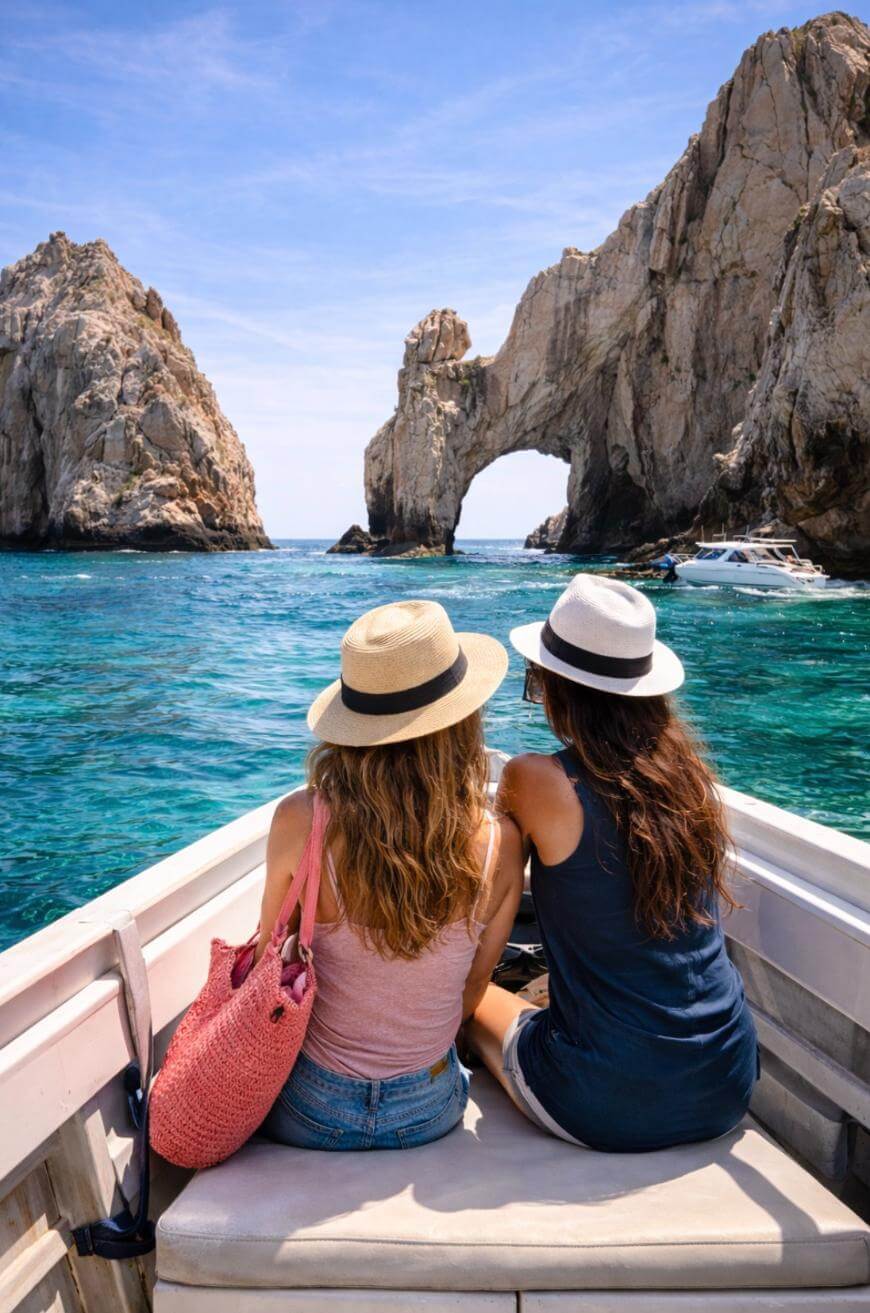 Two women wearing hats sit on a boat facing clear turquoise water and rocky arches, with a blue sky above. Other boats are visible near the rock formation in the background.