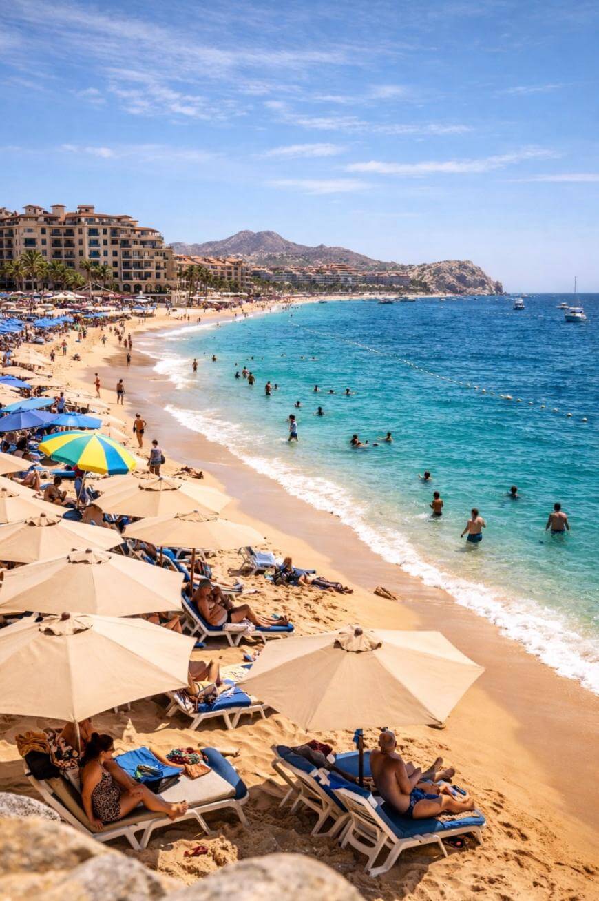 Crowded beach with people sunbathing under umbrellas and swimming in clear blue water; resorts and mountains in the background under a sunny sky.