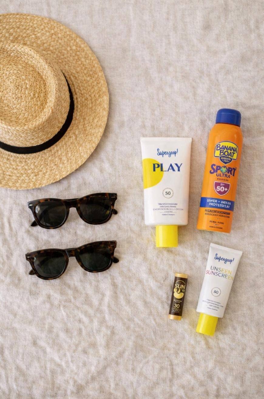 A straw hat, tortoiseshell sunglasses, and five sunscreen products are arranged on a beige fabric surface, including Supergoop! PLAY, Banana Boat Sport Ultra, Sun Bum lip balm, and Supergoop! Unseen Sunscreen.
