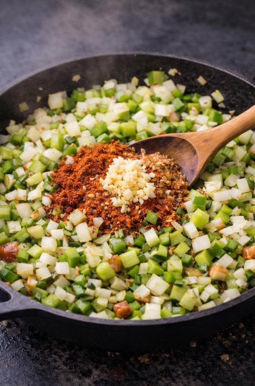 A close-up of a skillet with diced green vegetables, onions, and mushrooms being cooked. A wooden spoon holds minced garlic and ground spices in the center of the pan, ready to be mixed in.