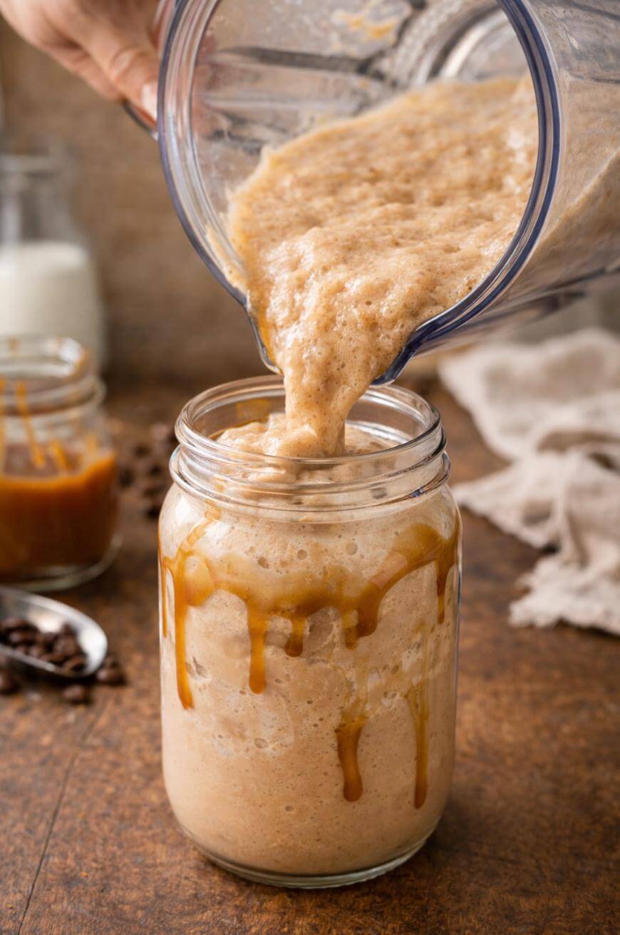A thick, frothy caramel-colored smoothie is being poured from a blender into a glass jar with caramel sauce drizzled on the inside. The jar sits on a wooden surface with another jar, a spoon, and milk in the background.