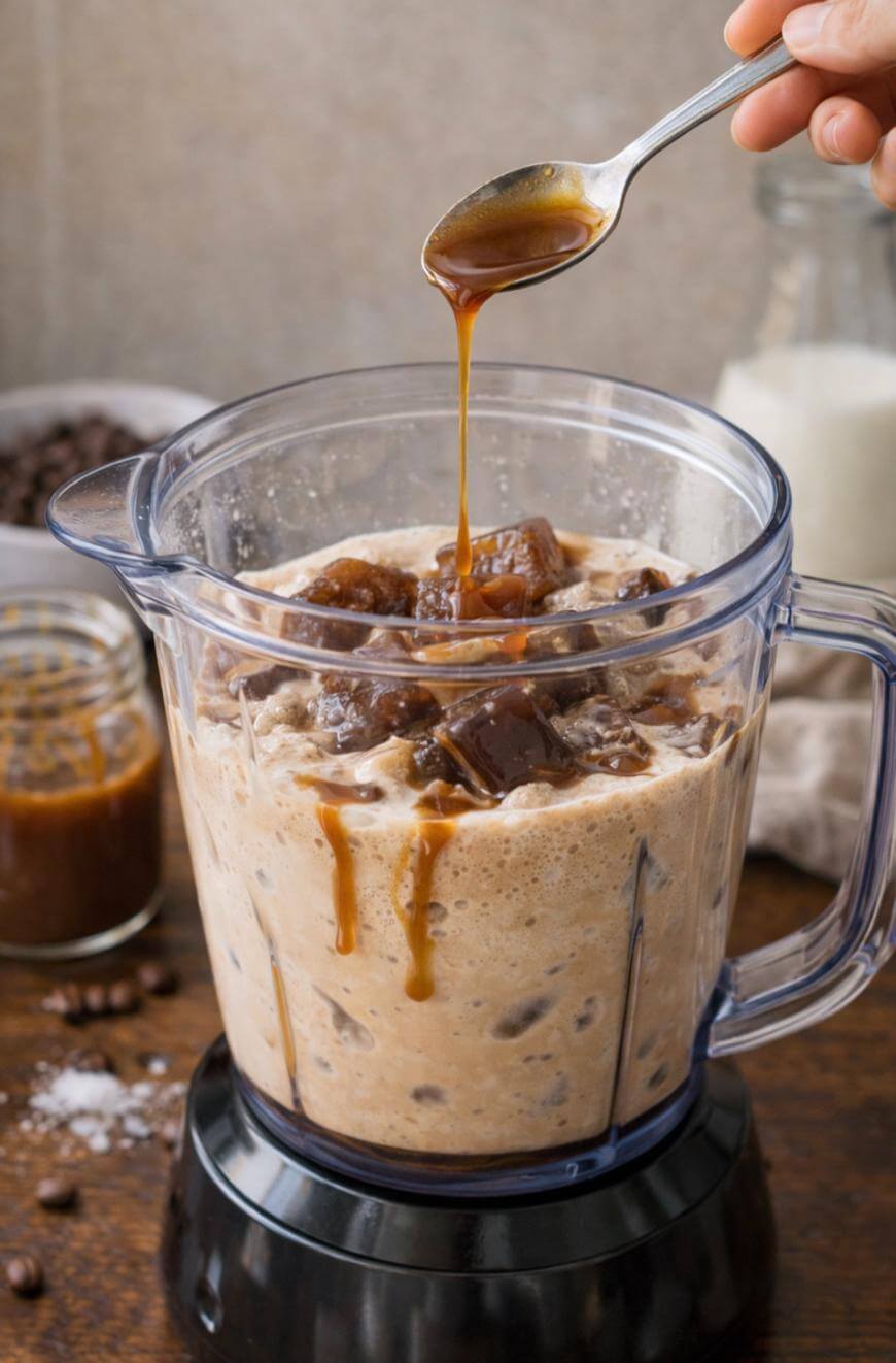 A blender filled with iced coffee cubes and creamy liquid, with a hand holding a spoon drizzling coffee syrup on top. A jar of syrup, coffee beans, and a bottle of milk are in the background.