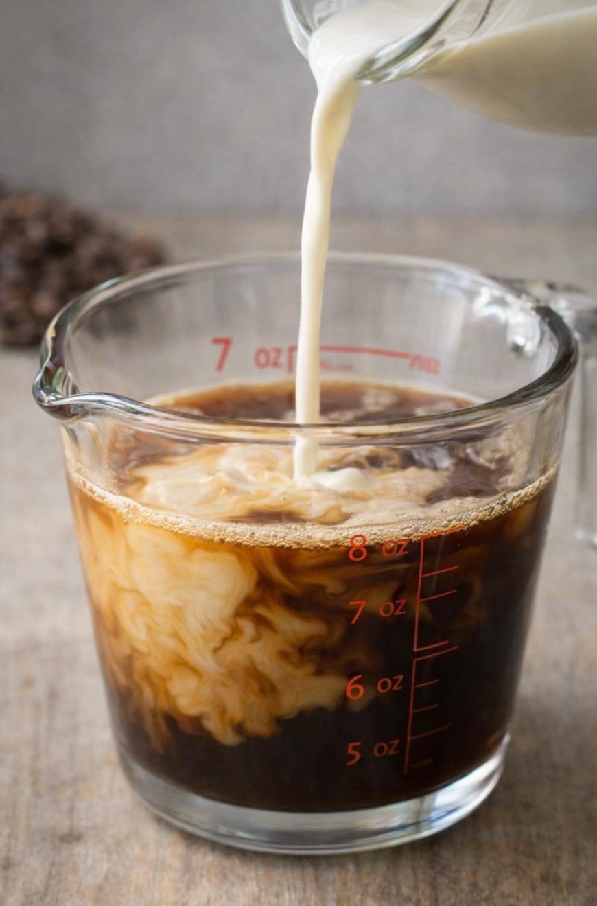 Milk is being poured from a glass pitcher into a measuring cup filled with iced coffee, creating swirling patterns as the liquids mix. The measuring cup is marked with red measurement lines.