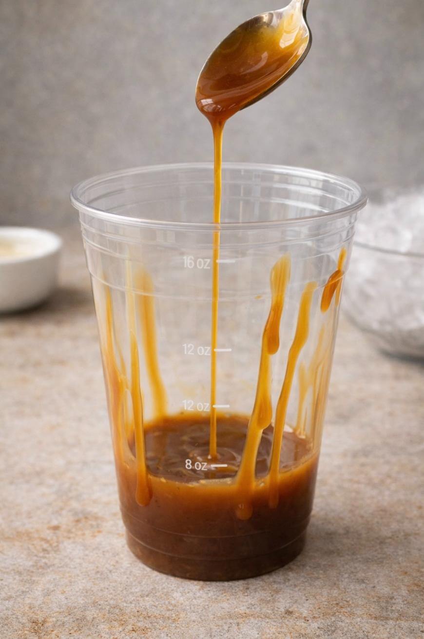 A clear plastic cup with caramel sauce drizzled inside sits on a counter. A spoon above the cup lets caramel sauce drip into it. The cup has measurement marks and a small bowl and ice are blurred in the background.