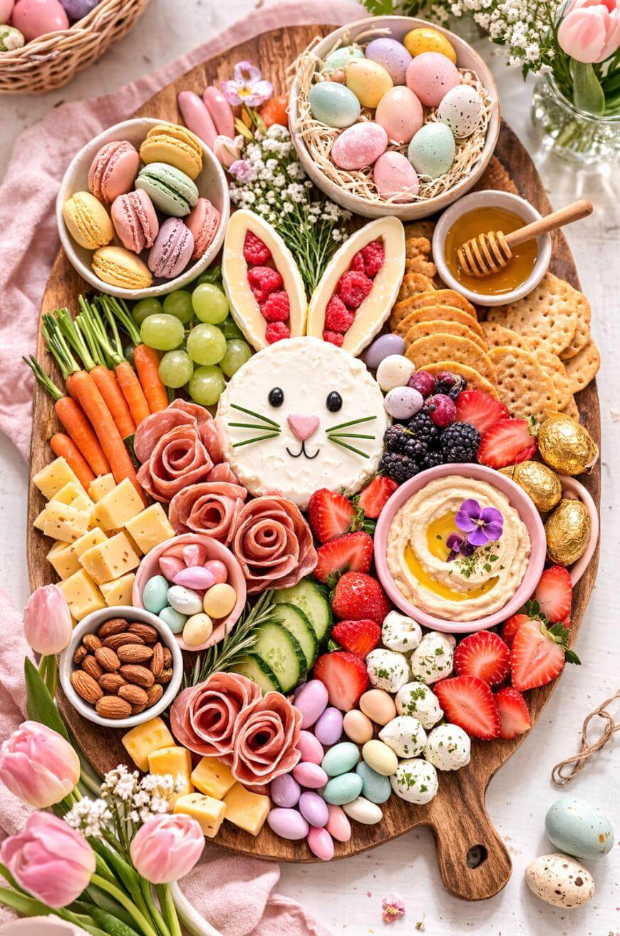 A festive charcuterie board with cheese, fruit, crackers, veggies, macarons, candy eggs, and a round cheese decorated as a bunny face, surrounded by spring flowers and pastel accents.
