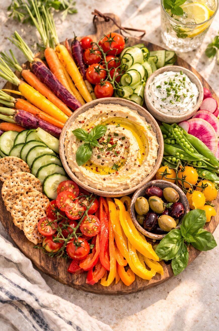 A round wooden platter with colorful vegetables, crackers, olives, hummus drizzled with olive oil, and a bowl of herbed dip. Vegetables include carrots, cherry tomatoes, cucumbers, snap peas, peppers, and radishes.