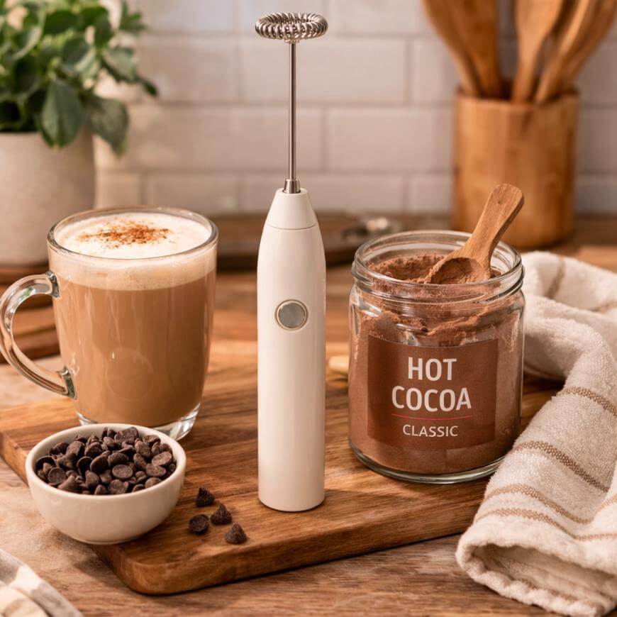 A milk frother stands on a wooden board next to a mug of frothy hot cocoa, a jar labeled Hot Cocoa Classic with a wooden scoop, and a small bowl of chocolate chips on a kitchen counter.