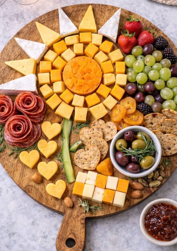 A round wooden board with cheese cubes arranged in a sun pattern, surrounded by salami, crackers, olives, nuts, dried fruit, fresh grapes, berries, and a small bowl of jam.