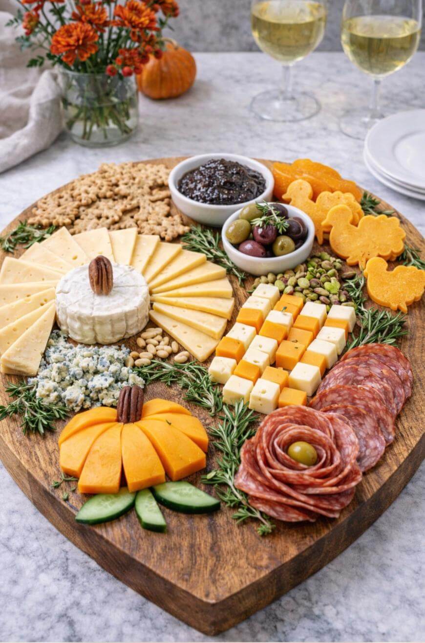 A wooden board with assorted cheeses, crackers, sliced meats, olives, nuts, and spreads, decorated with herbs and cheese shaped like pumpkins; two glasses of white wine and autumn flowers are in the background.