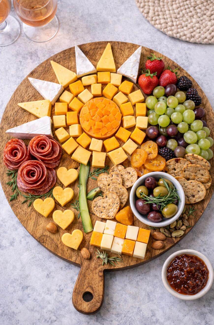 A wooden board arranged with cheese in a sun shape, surrounded by meats, heart-shaped cheese slices, crackers, olives, grapes, strawberries, blackberries, nuts, and a dish of jam, with two glasses of rosé wine nearby.