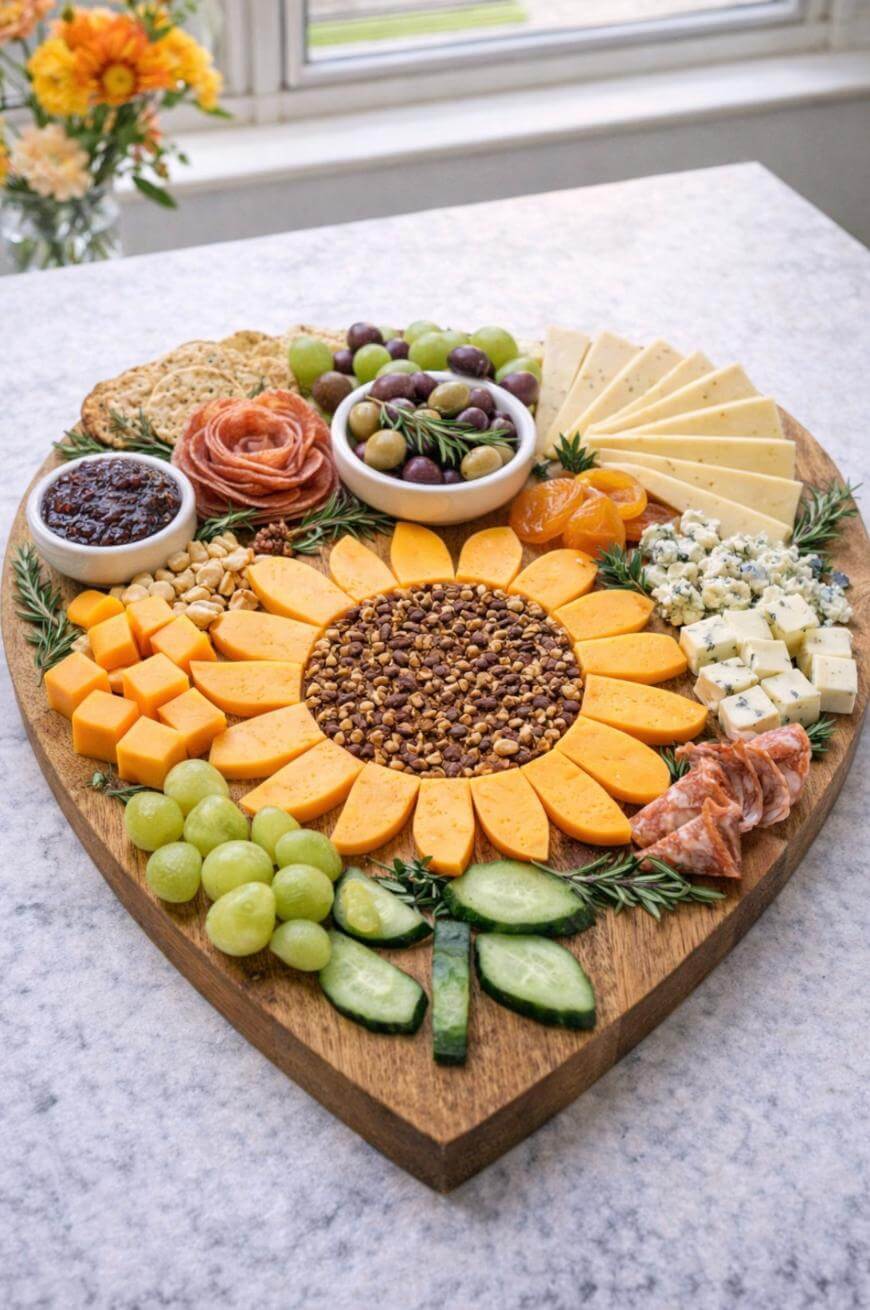Heart-shaped wooden board with a sunflower made of cheese slices and nuts in the center, surrounded by cubed cheese, green grapes, cucumber, crackers, sliced meats, olives, dried apricot, and a small bowl of jam.
