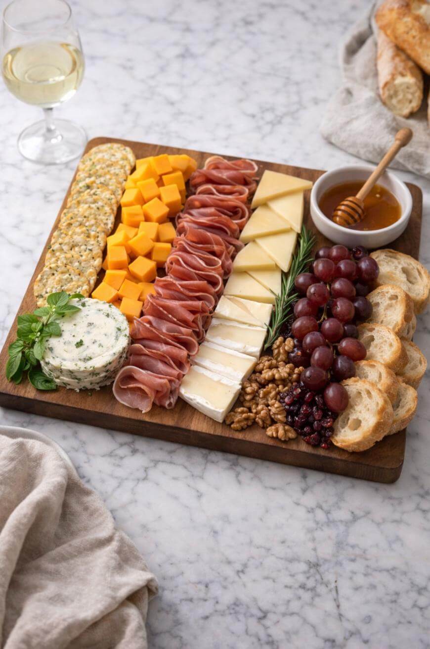 A wooden board with crackers, cheddar cubes, sliced cured meat, cheese wedges, brie, herbed cheese, walnuts, grapes, and pomegranate seeds, served with slices of baguette, a bowl of honey, and a glass of white wine.