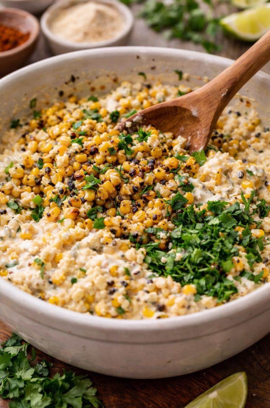 A close-up of a bowl filled with creamy corn salad, topped with chopped fresh herbs and mixed with quinoa. A wooden spoon is partially stirring the mixture. Ingredients are visible in the background.