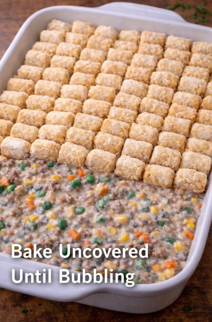 A casserole dish filled with a creamy mixture of ground meat and mixed vegetables, topped with neat rows of tater tots. Text on image reads, “Bake Uncovered Until Bubbling.”.