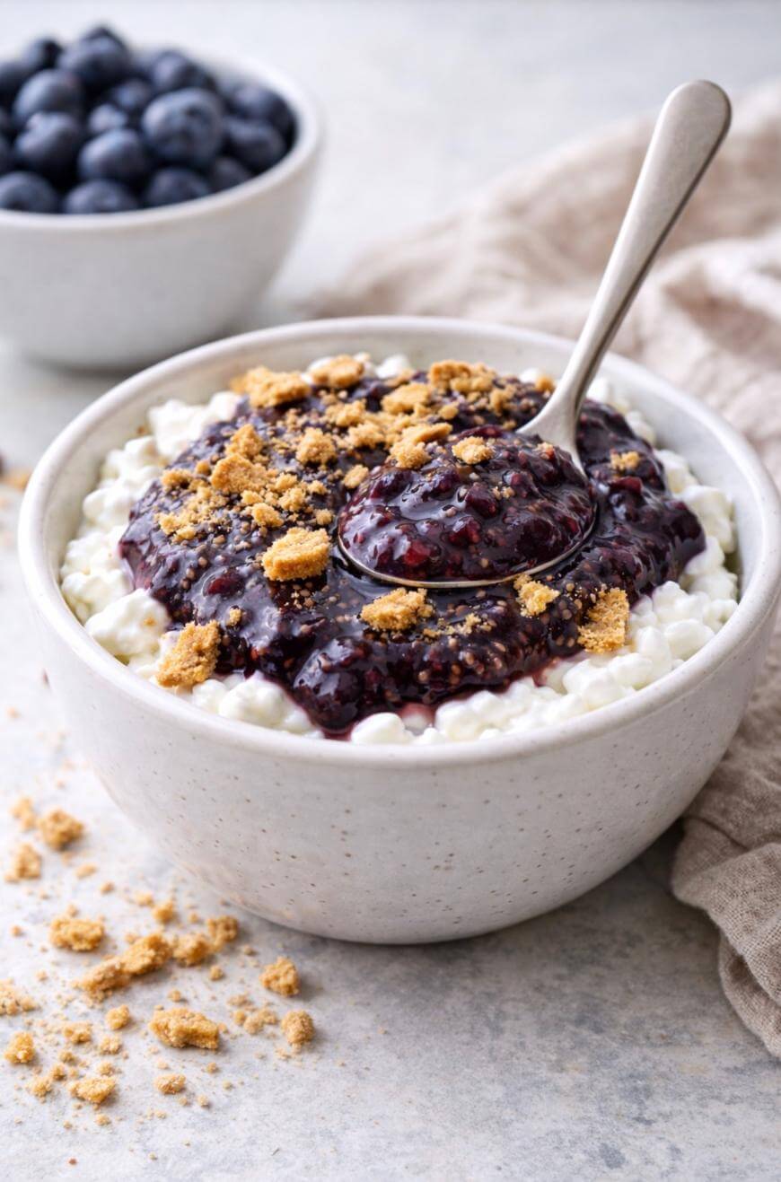 A bowl of cottage cheese topped with blueberry jam and crushed graham crackers, with a spoon inside. Crumbs are scattered around, and a bowl of fresh blueberries is in the background.