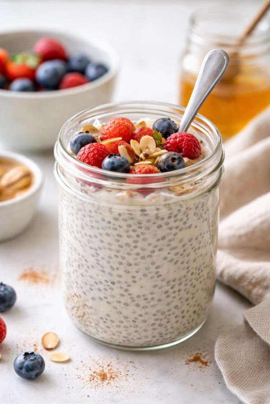 A glass jar filled with chia pudding, topped with blueberries, raspberries, strawberries, sliced almonds, and granola. A spoon is in the jar, and there are bowls of fruit and honey in the background.