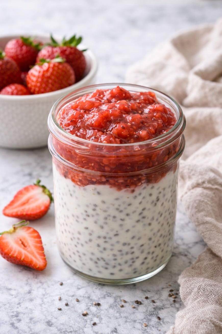 A glass jar filled with chia pudding and topped with strawberry sauce sits on a marble surface. Nearby are fresh strawberries, some whole in a bowl and some halved beside the jar, with a beige cloth to the right.