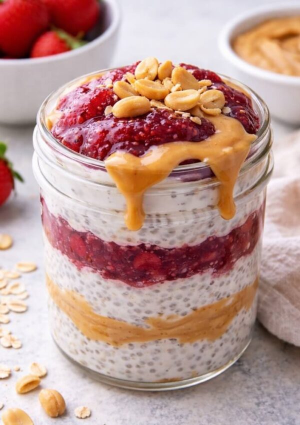 A glass jar filled with layered chia pudding, peanut butter, and strawberry jam, topped with more jam, peanut butter, and peanuts. Strawberries, oats, and a bowl of peanut butter are in the background.
