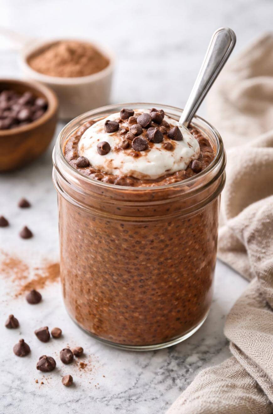 A glass jar filled with chocolate chia pudding, topped with yogurt and chocolate chips, sits on a marble surface with a spoon in it. Chocolate chips and a bowl of cocoa powder are nearby.