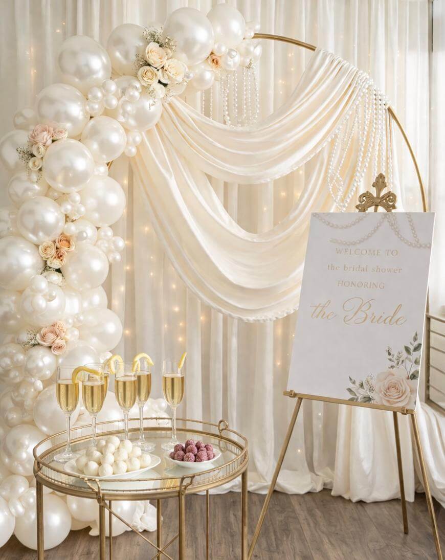 Elegant bridal shower setup with a gold hoop arch decorated with white balloons, draped fabric, and flowers. A table holds champagne glasses and sweets, and a sign reads Welcome to the bridal shower honoring the Bride.