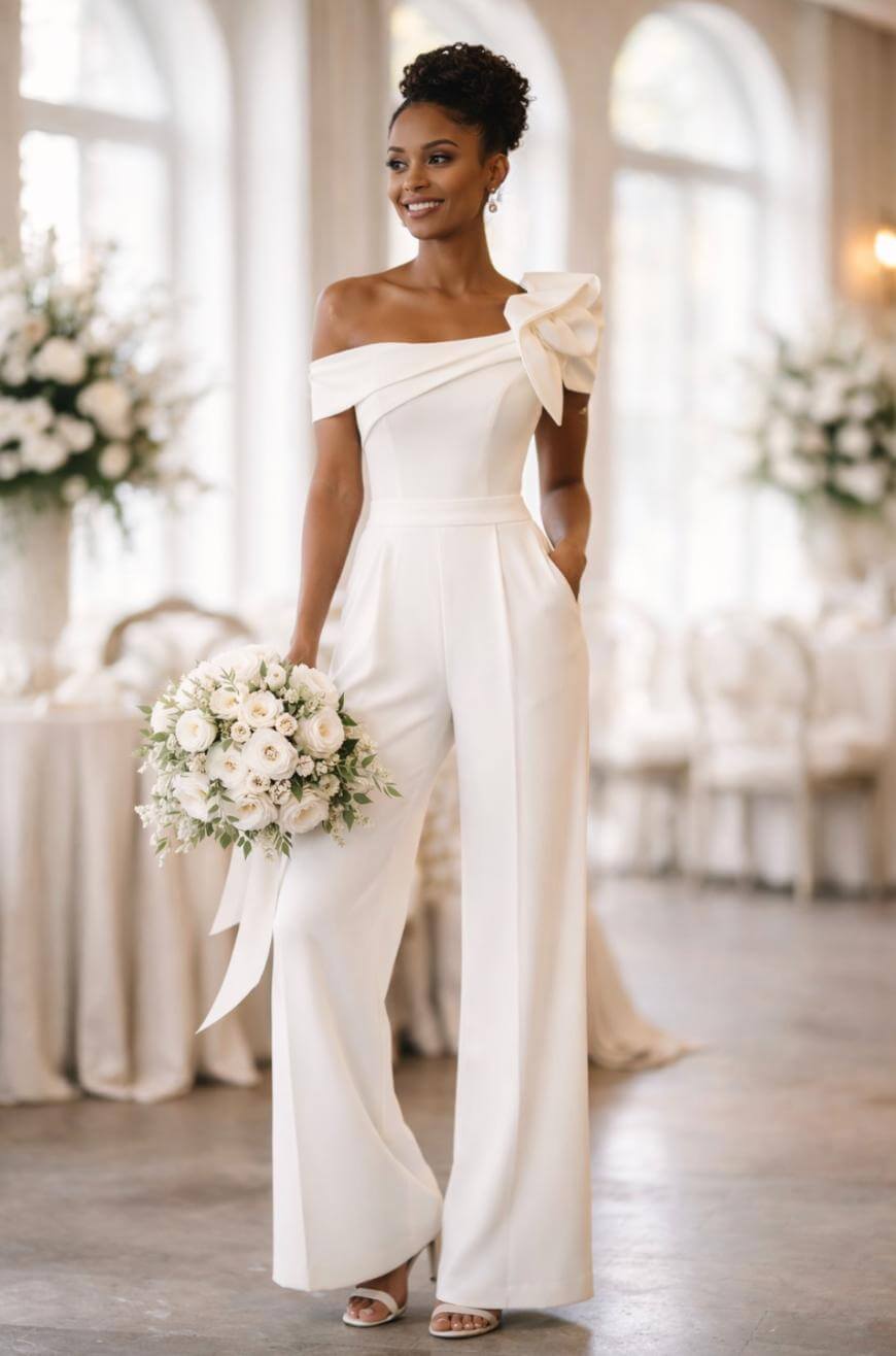 A smiling woman in an elegant, off-the-shoulder white jumpsuit with a large bow holds a bouquet of white flowers. She stands in a bright, decorated venue with floral arrangements and round tables.