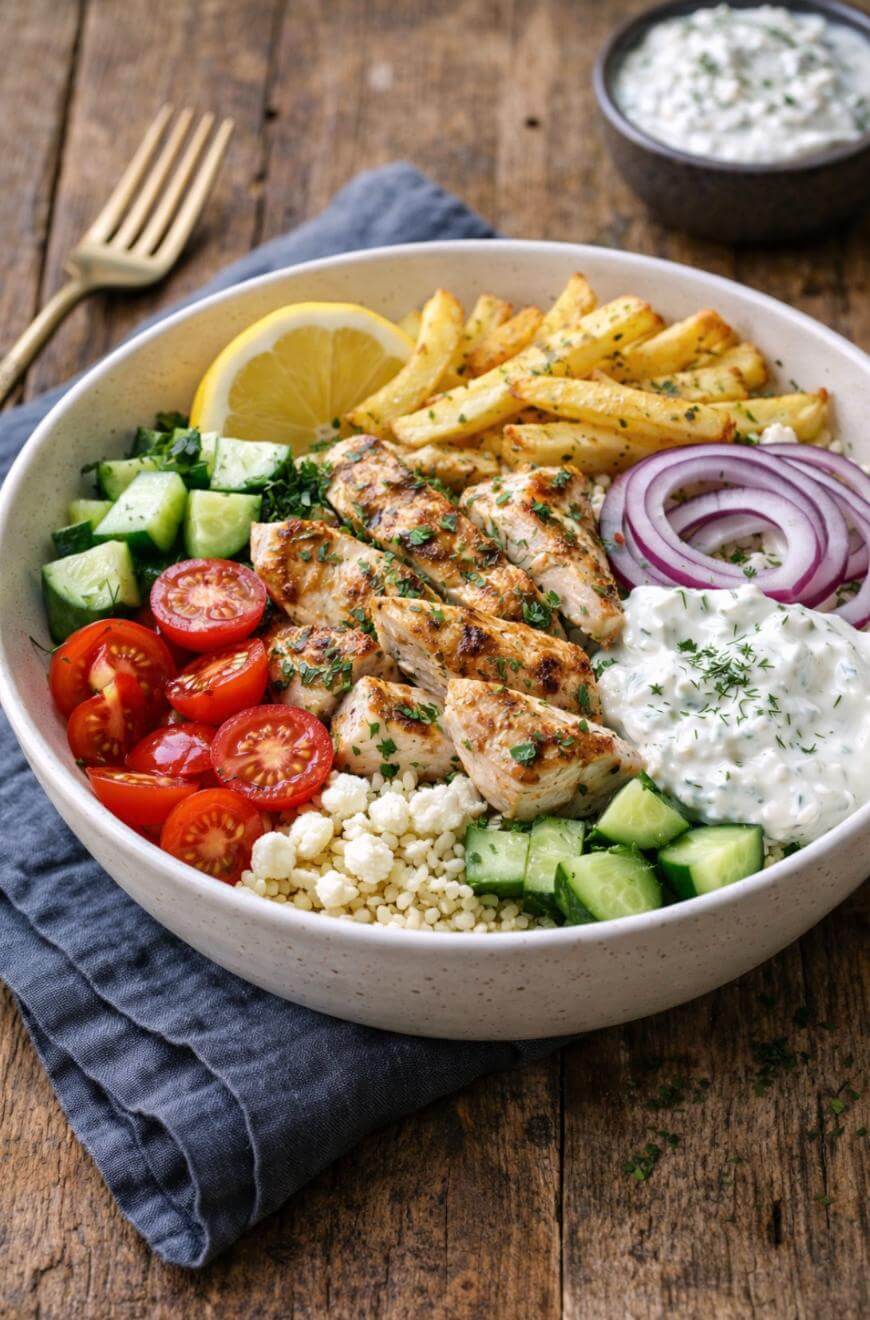 A bowl filled with grilled chicken, cherry tomatoes, cucumber, red onion, crumbled cheese, seasoned fries, tzatziki sauce, and a lemon slice, arranged on a rustic wooden table with a fork and napkin nearby.