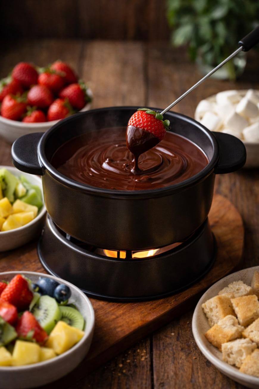A strawberry on a skewer is dipped into a pot of melted chocolate fondue surrounded by bowls of strawberries, marshmallows, pineapple, kiwi, blueberries, and cubes of bread.