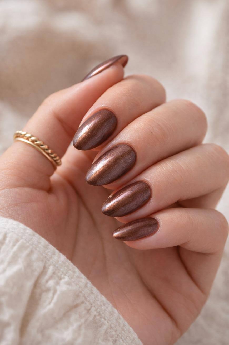 A hand with long, almond-shaped nails painted in a shiny metallic bronze color. The person is wearing a twisted gold ring and a cream-colored textured sleeve.