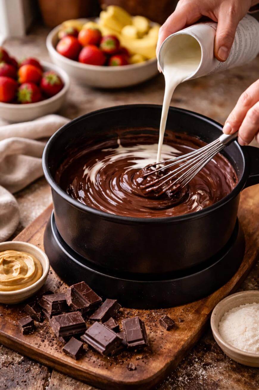 A hand whisks melted chocolate in a black pot while pouring cream in; nearby are strawberries, chocolate pieces, peanut butter, and banana slices on a wooden board.