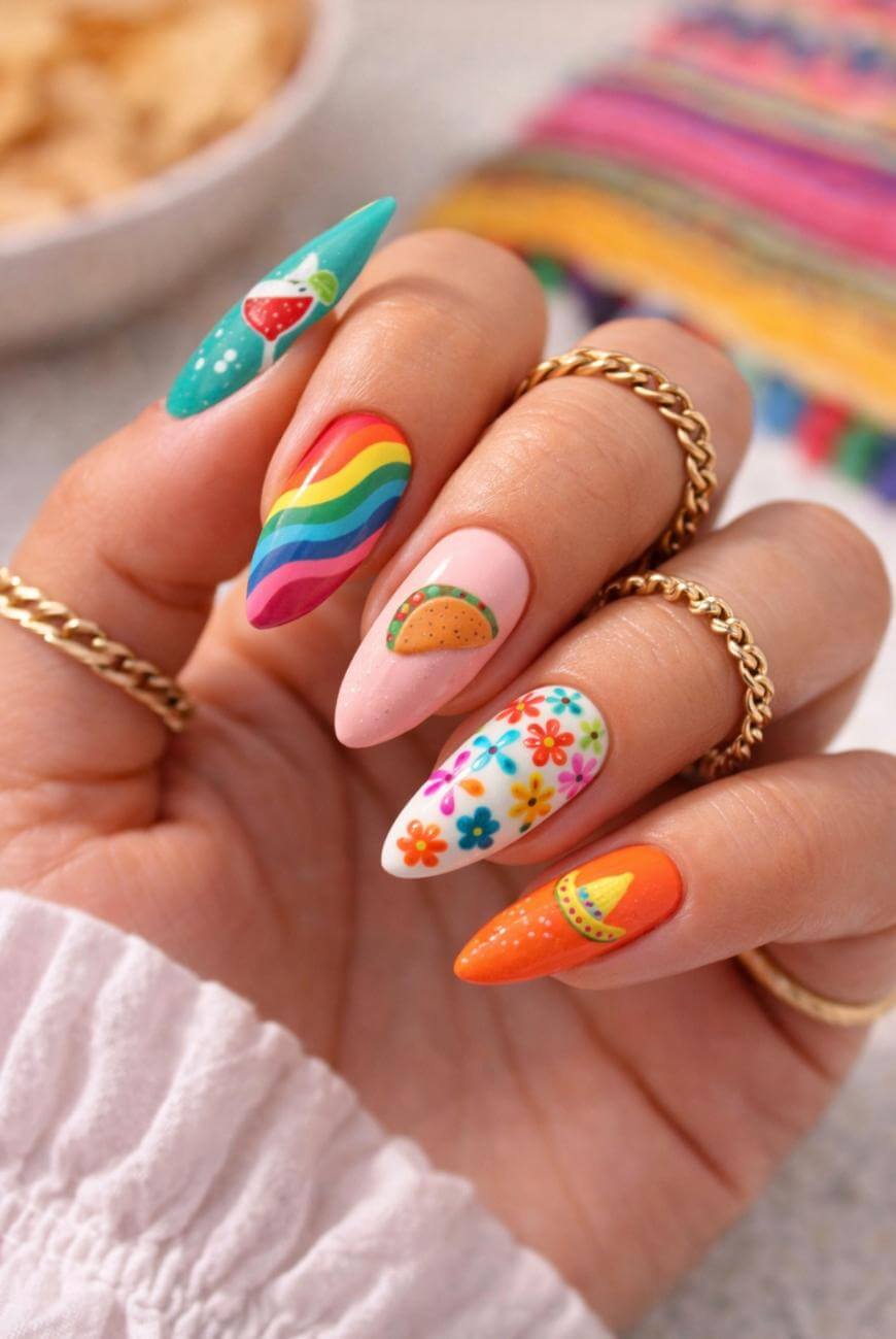 A hand with long, colorful acrylic nails featuring designs like a watermelon slice, rainbow, taco, floral pattern, and a sombrero. The person wears gold rings and a pink sleeve is partially visible.