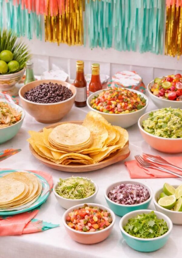 A colorful table set for a taco bar, featuring tortillas, bowls of salsa, guacamole, beans, lettuce, diced onions, limes, shredded cheese, and hot sauces, with festive fringe decorations in the background.