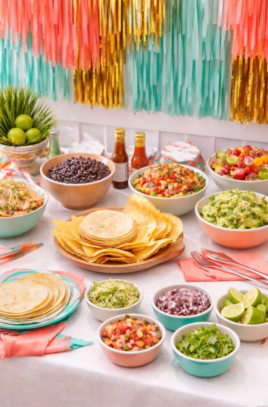 A colorful taco bar setup with stacks of tortillas, bowls of black beans, guacamole, salsas, shredded lettuce, limes, and various toppings, set on a white table with bright decorations in the background.