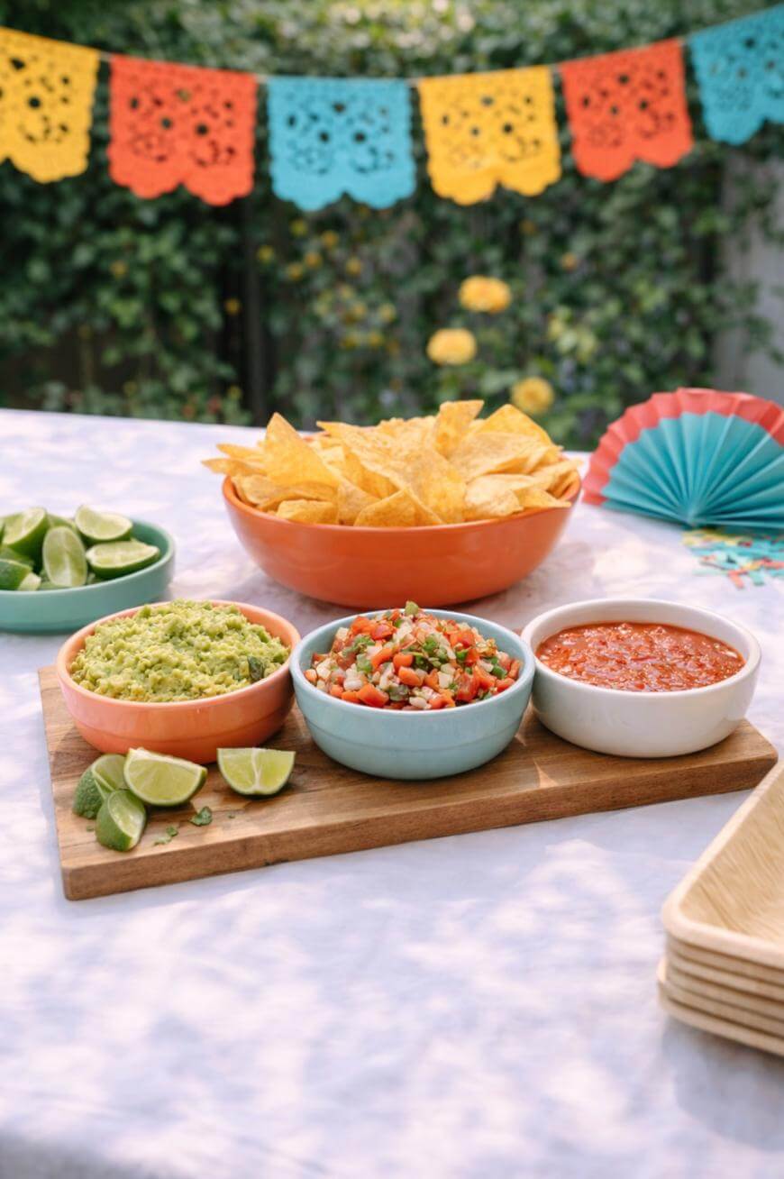 A festive table set outdoors with bowls of guacamole, pico de gallo, salsa, tortilla chips, lime wedges, and colorful paper banners hanging in the background.