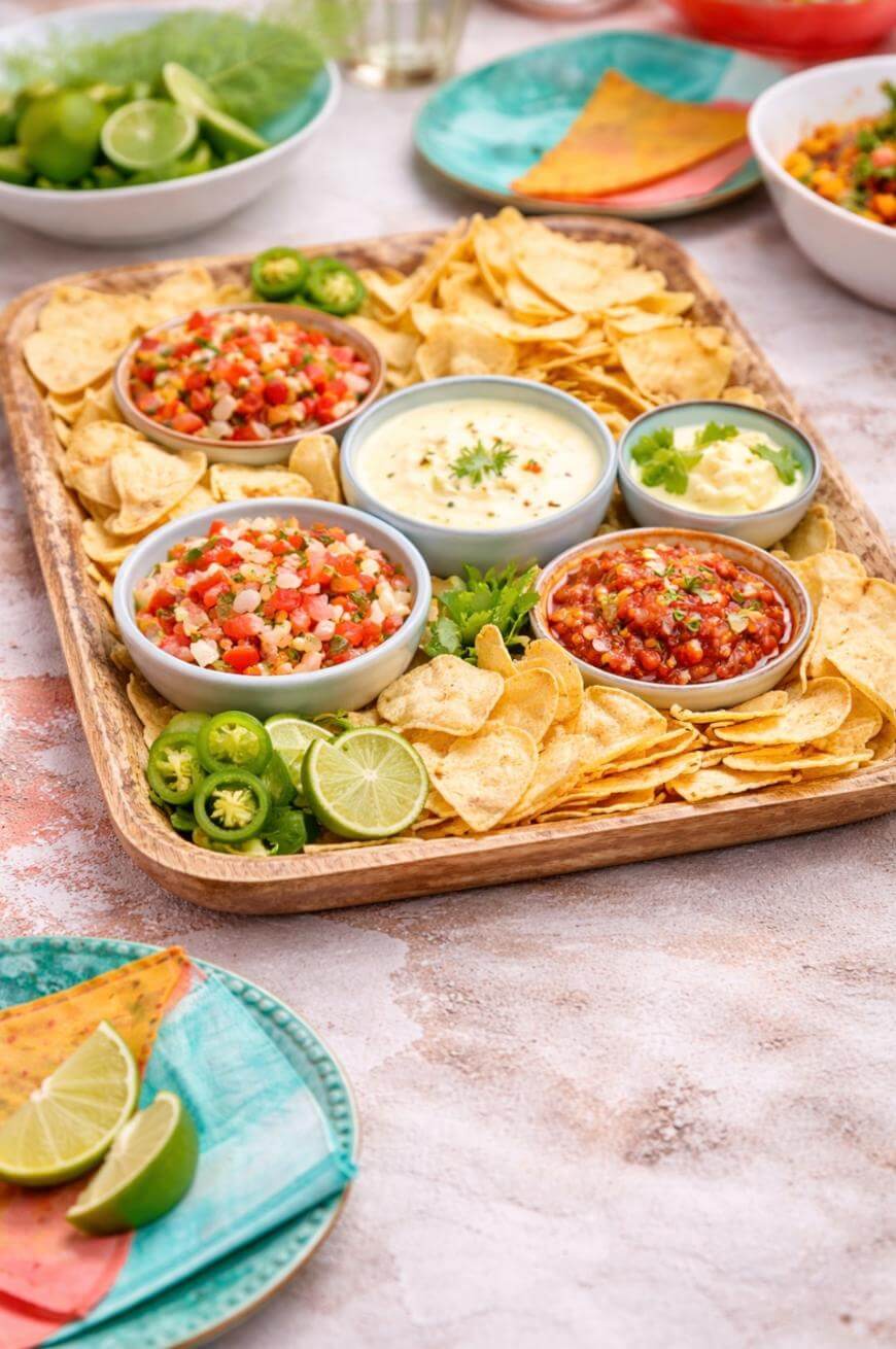 A wooden tray with tortilla chips, sliced jalapeños, lime wedges, and bowls of salsa, pico de gallo, and cheese dip. Colorful plates with lime slices and chips are seen nearby.