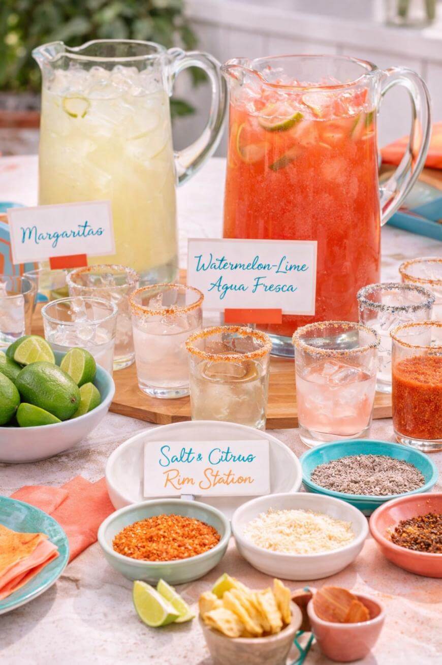 A festive drink station with pitchers of margaritas and watermelon-lime agua fresca, surrounded by shot glasses, lime wedges, chips, and bowls of salt, chili powder, shredded coconut, and other rimming ingredients.