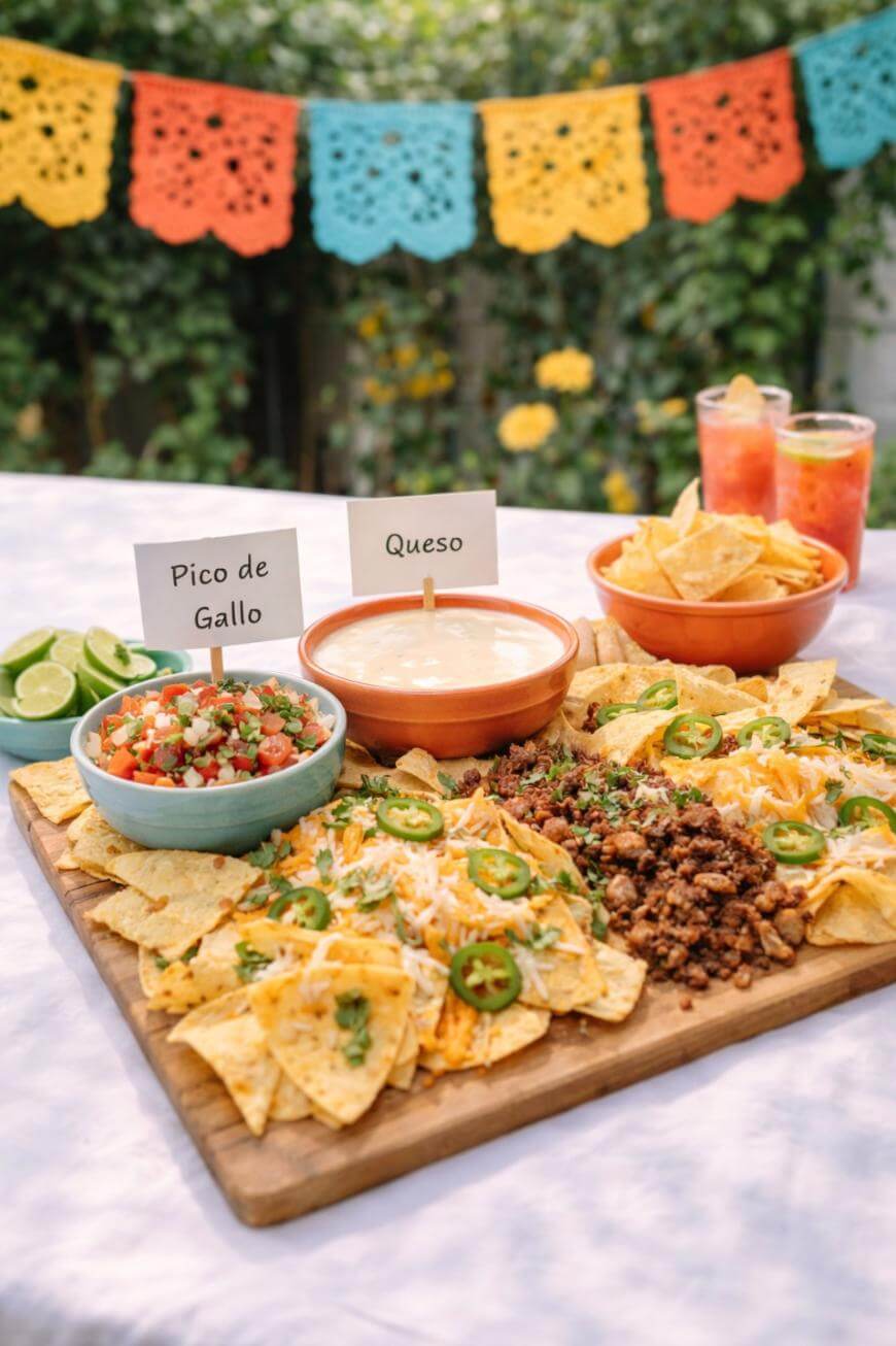 A festive table displays a wooden board with nachos, shredded cheese, jalapeños, ground beef, pico de gallo, and queso. Colorful papel picado banners hang in the background, and drinks and lime wedges sit nearby.