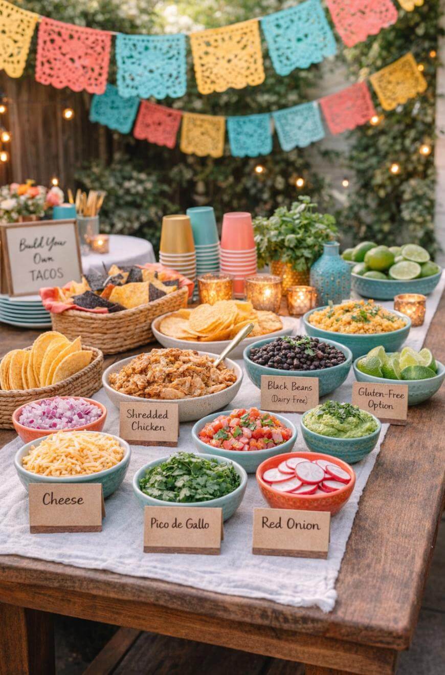 A festive outdoor taco bar is set with bowls of taco toppings—shredded chicken, cheese, pico de gallo, radishes, red onion, black beans, and chips—with colorful paper banners and string lights in the background.