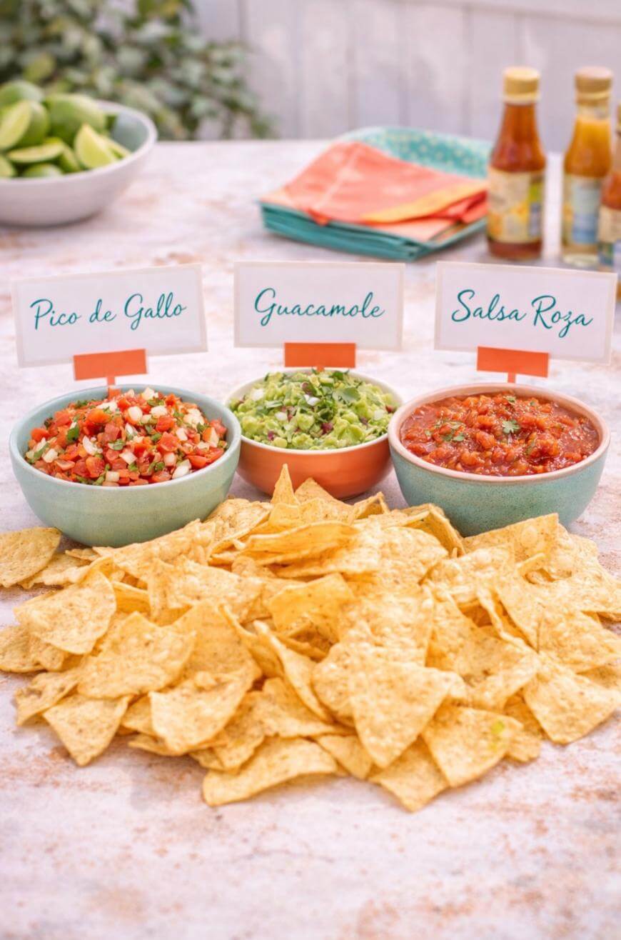 Three bowls labeled Pico de Gallo, Guacamole, and Salsa Roja behind a pile of tortilla chips on a table; limes, napkins, and bottles are in the background.