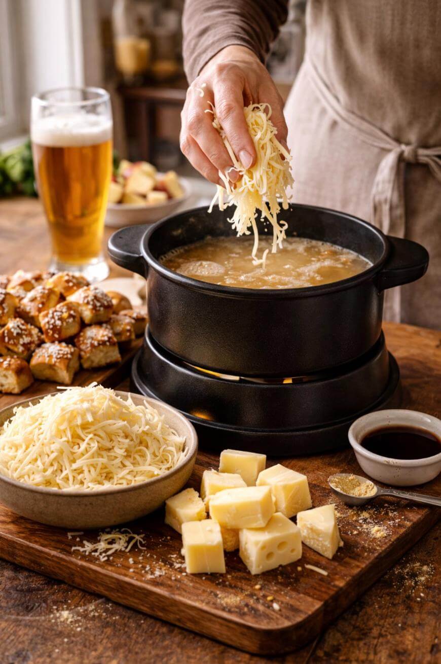 A person adds shredded cheese to a pot of cheese fondue, with a cutting board of cubed cheese, shredded cheese, pretzel bites, and a glass of beer nearby.